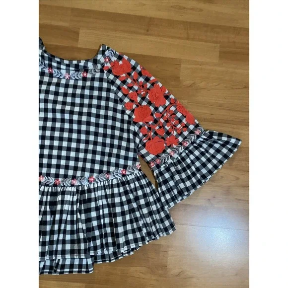 Anthropologie Pankaj Nidhi Gingham Swing Ruffle Embroidered Top Size XS Boho - Picture 9 of 14
